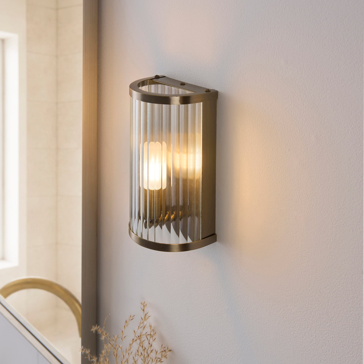 Endon Ridgeton IP44 Wall Antique brass plate & clear ribbed glass