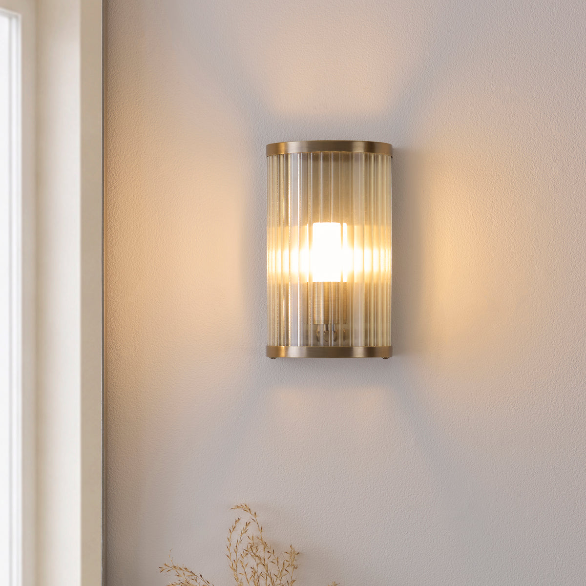 Endon Ridgeton IP44 Wall Antique brass plate & clear ribbed glass