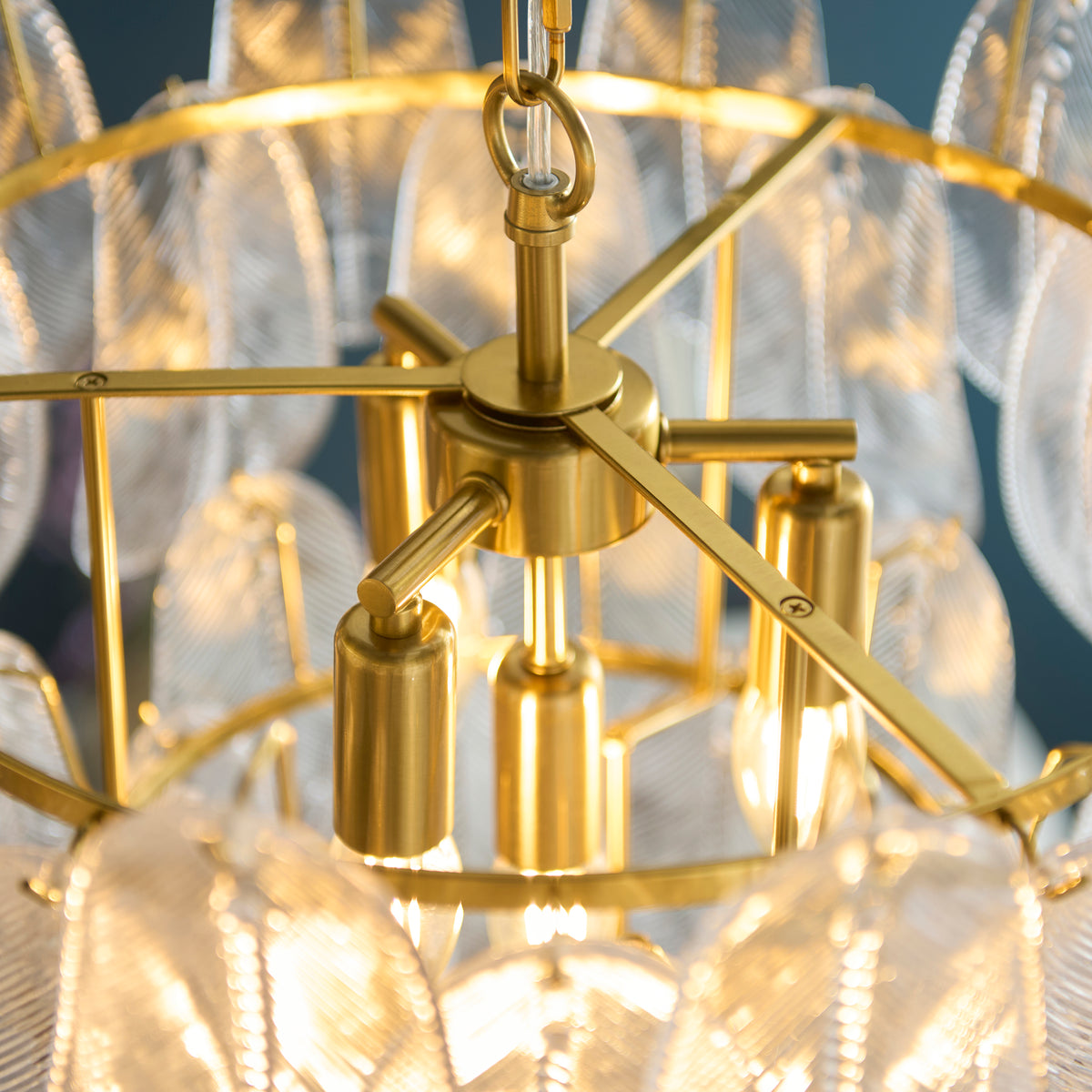Endon Autumn 4lt Pendant Brushed aged brass plate & clear textured glass