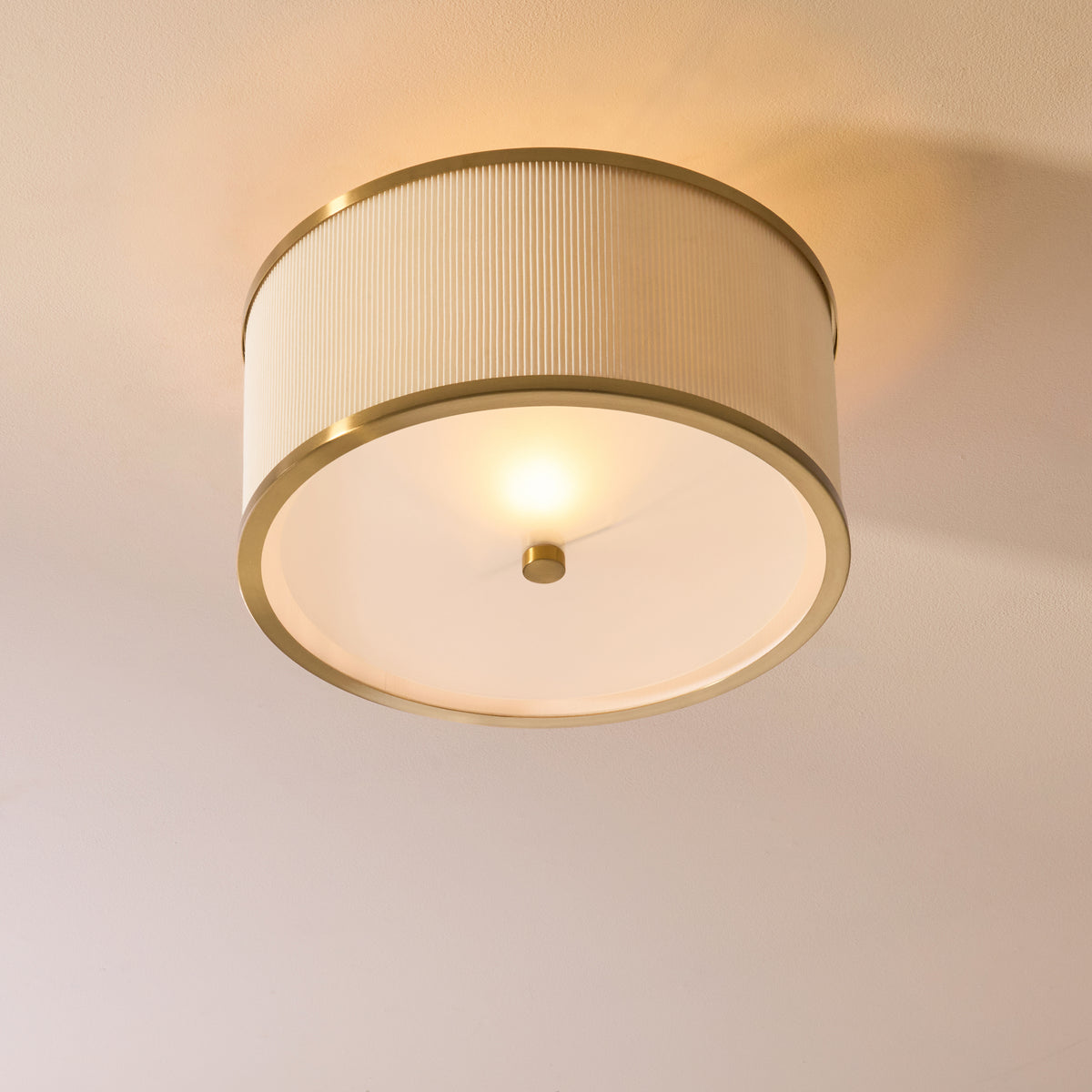 Endon Lexi Flush Ivory fabric, brushed aged brass & frosted glass