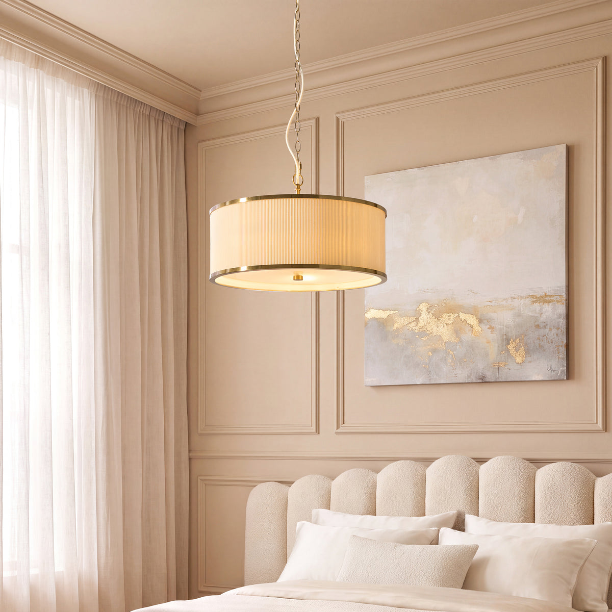 Endon Lexi 3lt Pendant Ivory fabric, brushed aged brass & frosted glass