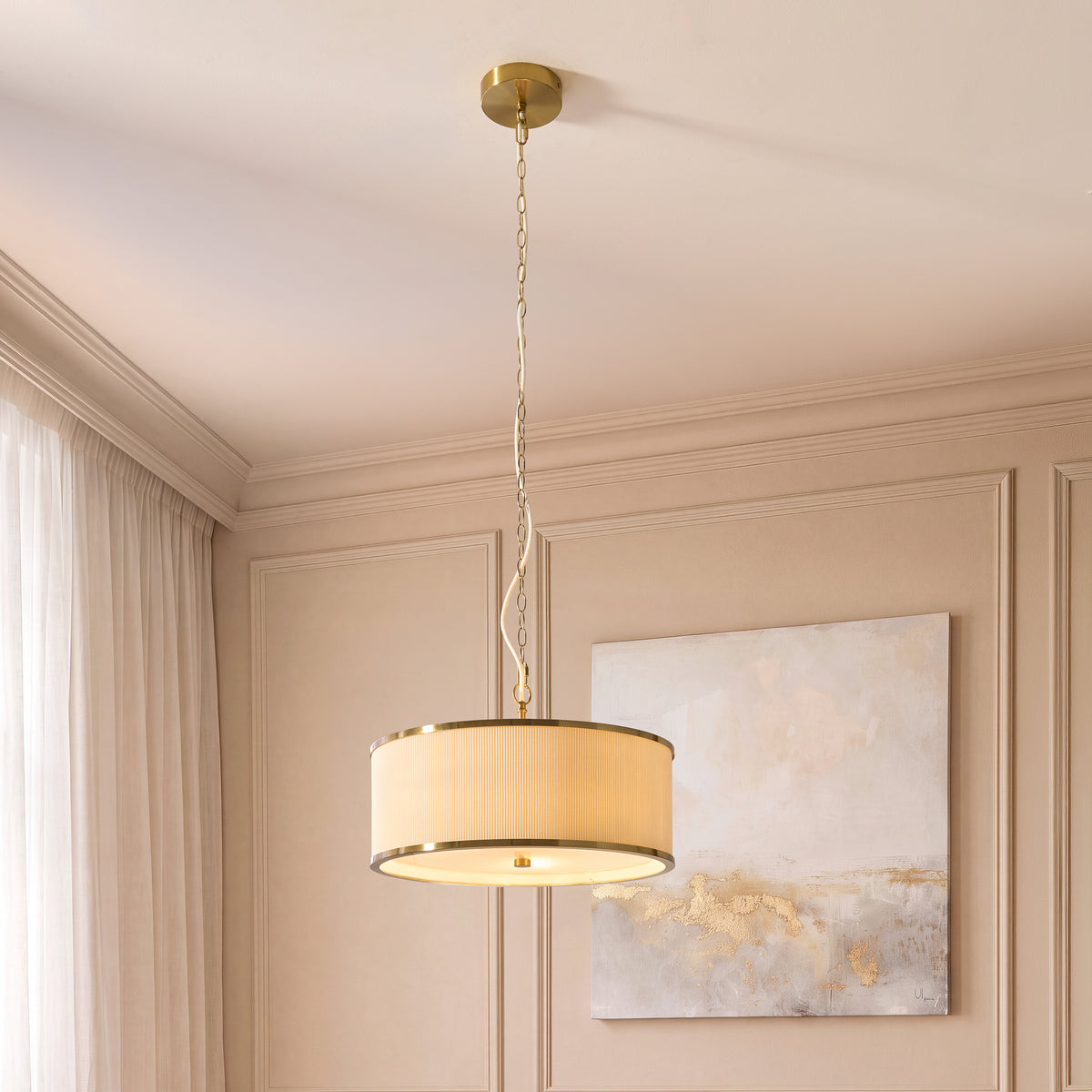 Endon Lexi 3lt Pendant Ivory fabric, brushed aged brass & frosted glass
