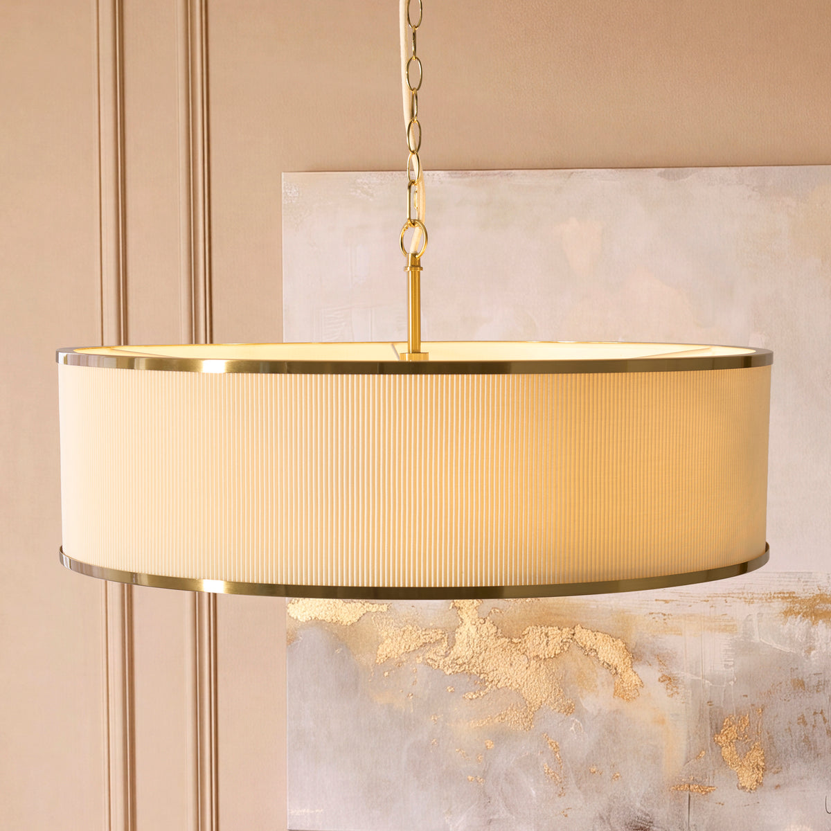 Endon Lexi 5lt Pendant Ivory fabric, brushed aged brass & frosted glass