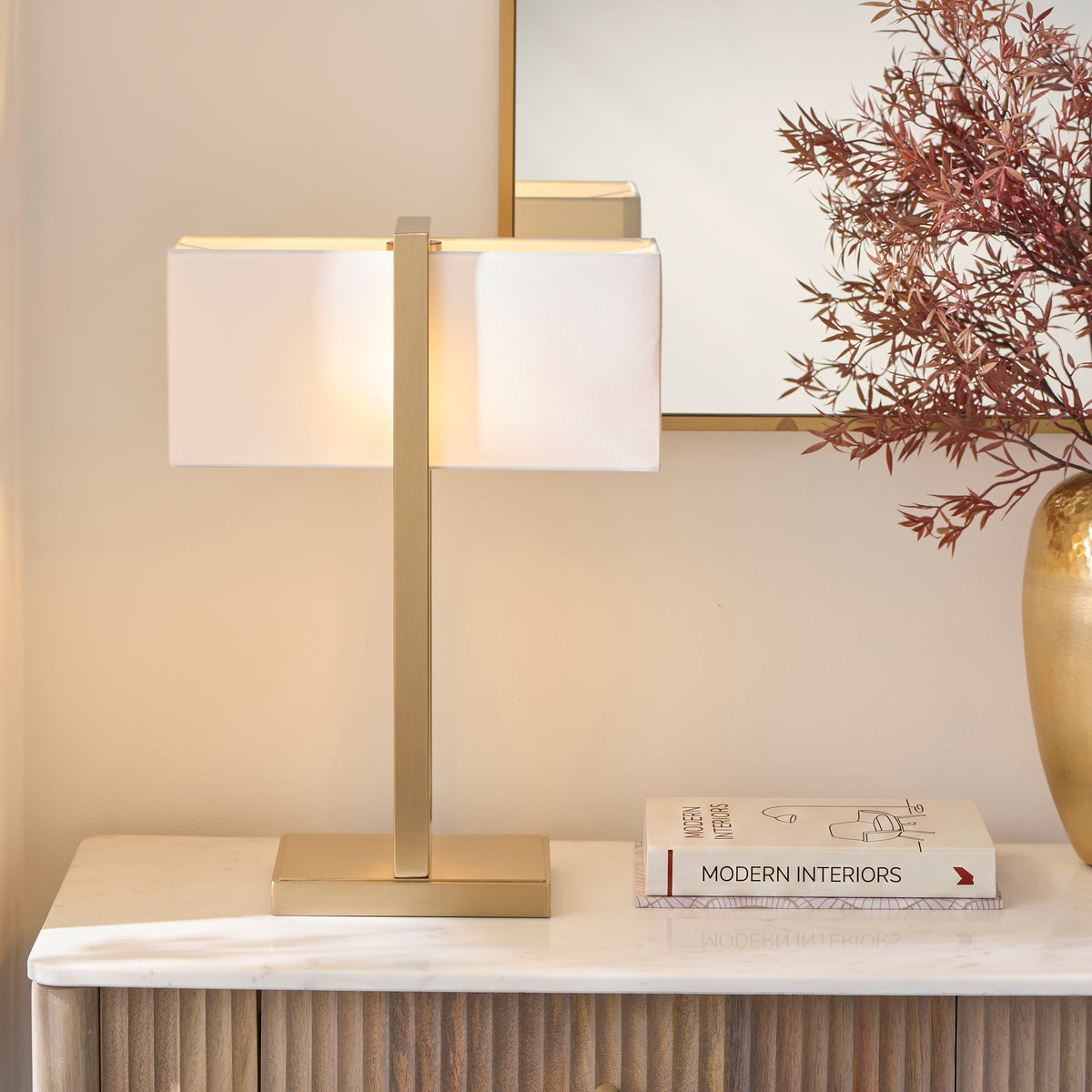 Endon Seattle Table Brushed aged brass plate & ivory cotton mix