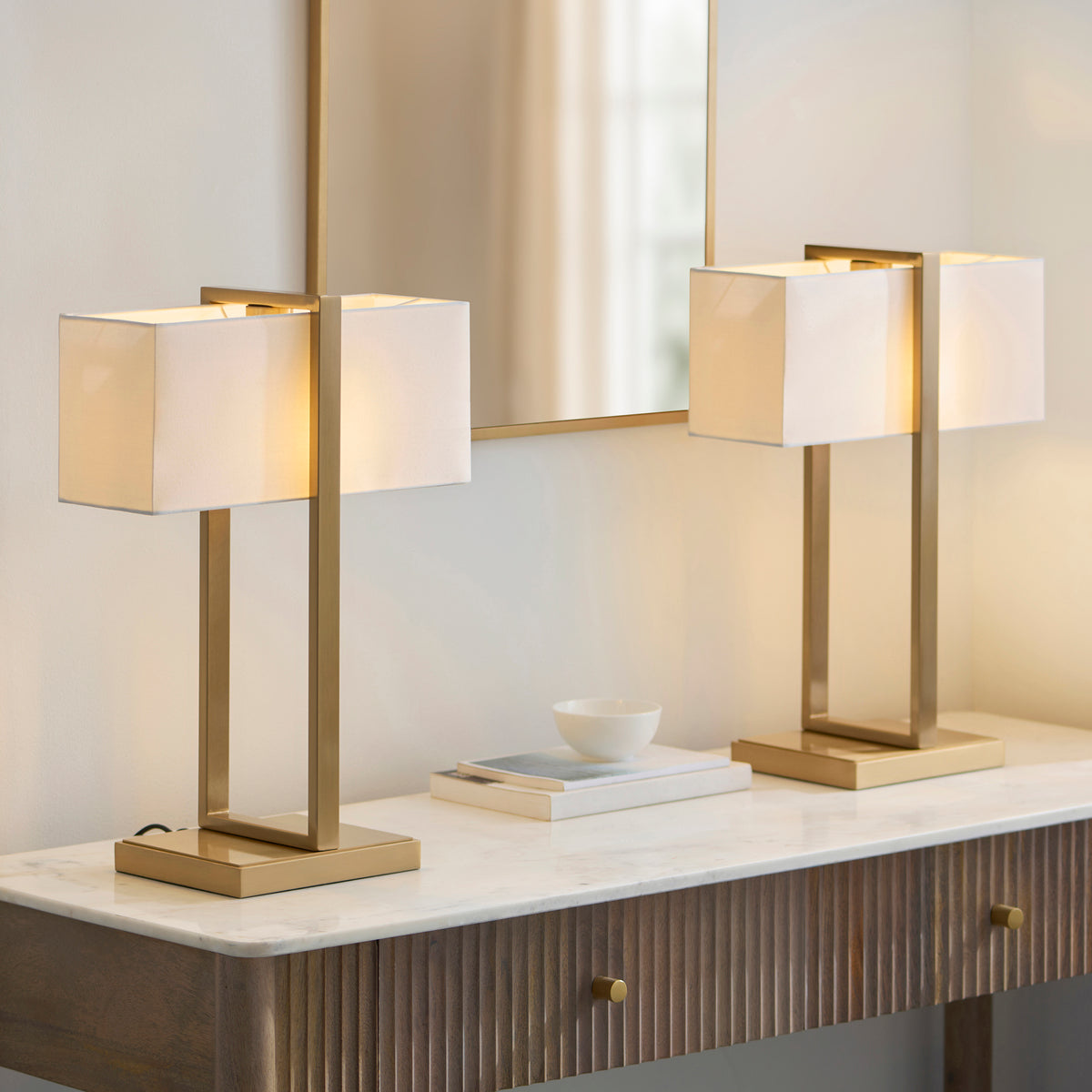 Endon Seattle Table Brushed aged brass plate & ivory cotton mix