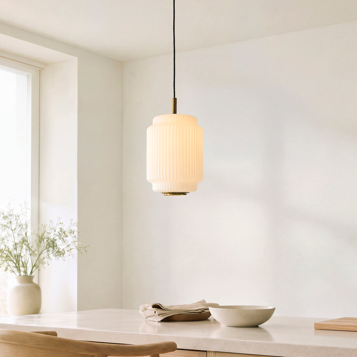 Endon Evora Slim Pendant Brushed aged brass plate & opal ribbed glass