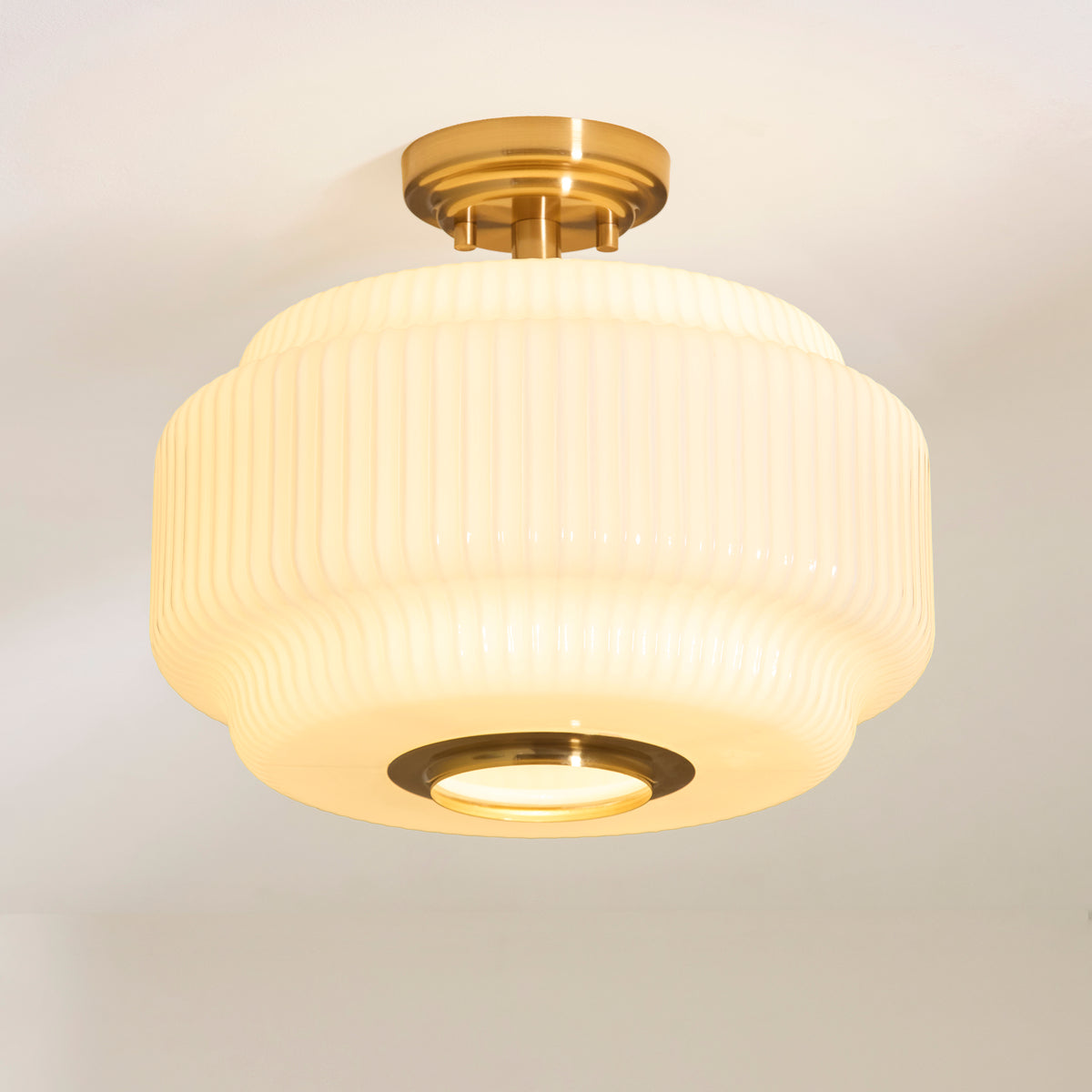 Endon Evora Flush Brushed aged brass plate & opal ribbed glass