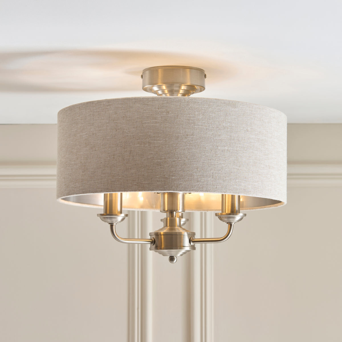 Endon Highclere 3lt Flush Brushed chrome plate & natural fabric