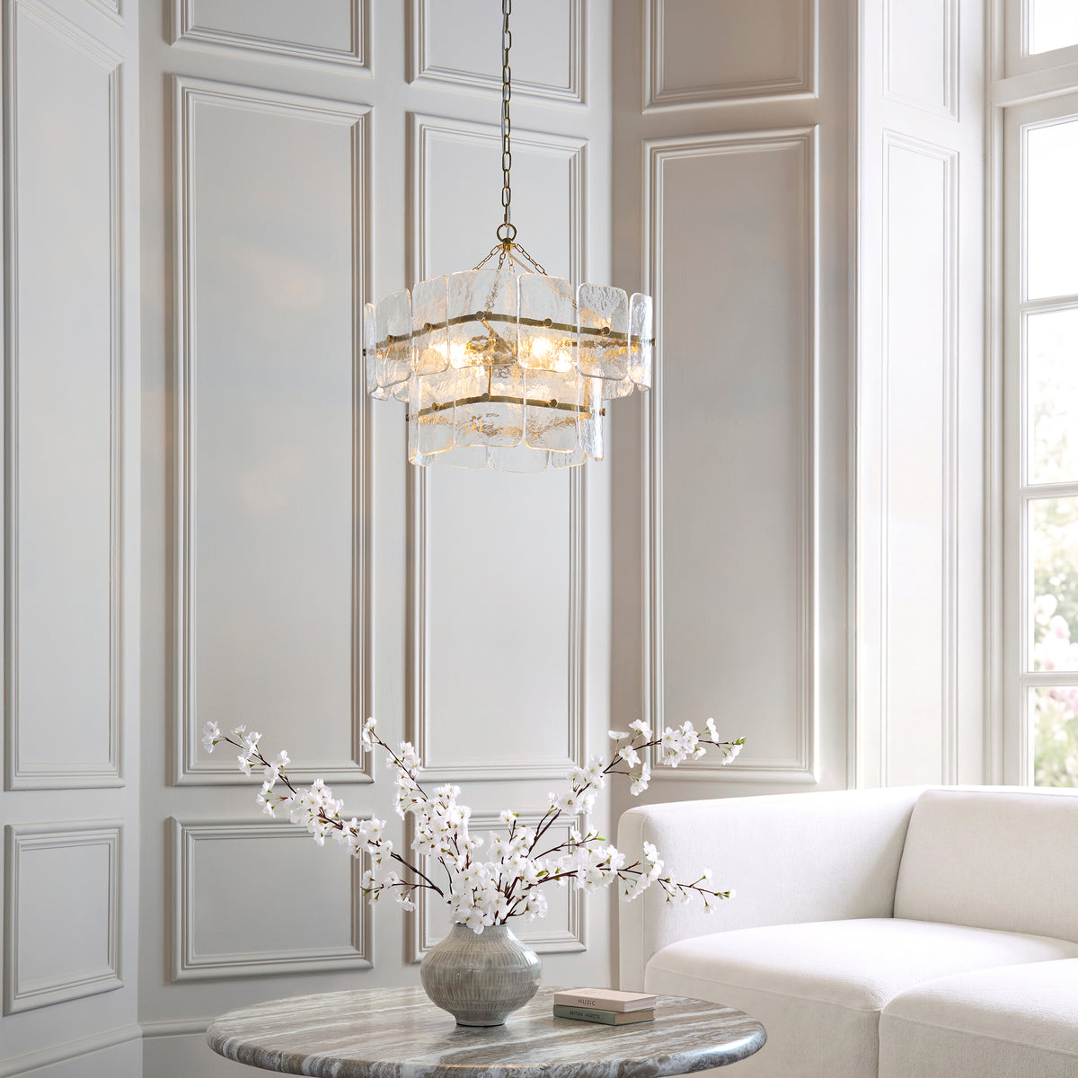 Endon Venice 4lt Pendant Brushed aged brass plate & clear handmade textured glass
