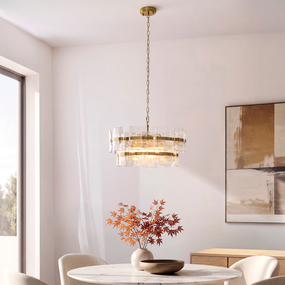 Endon Ancara 6lt Pendant Brushed aged brass plate & clear handmade textured glass