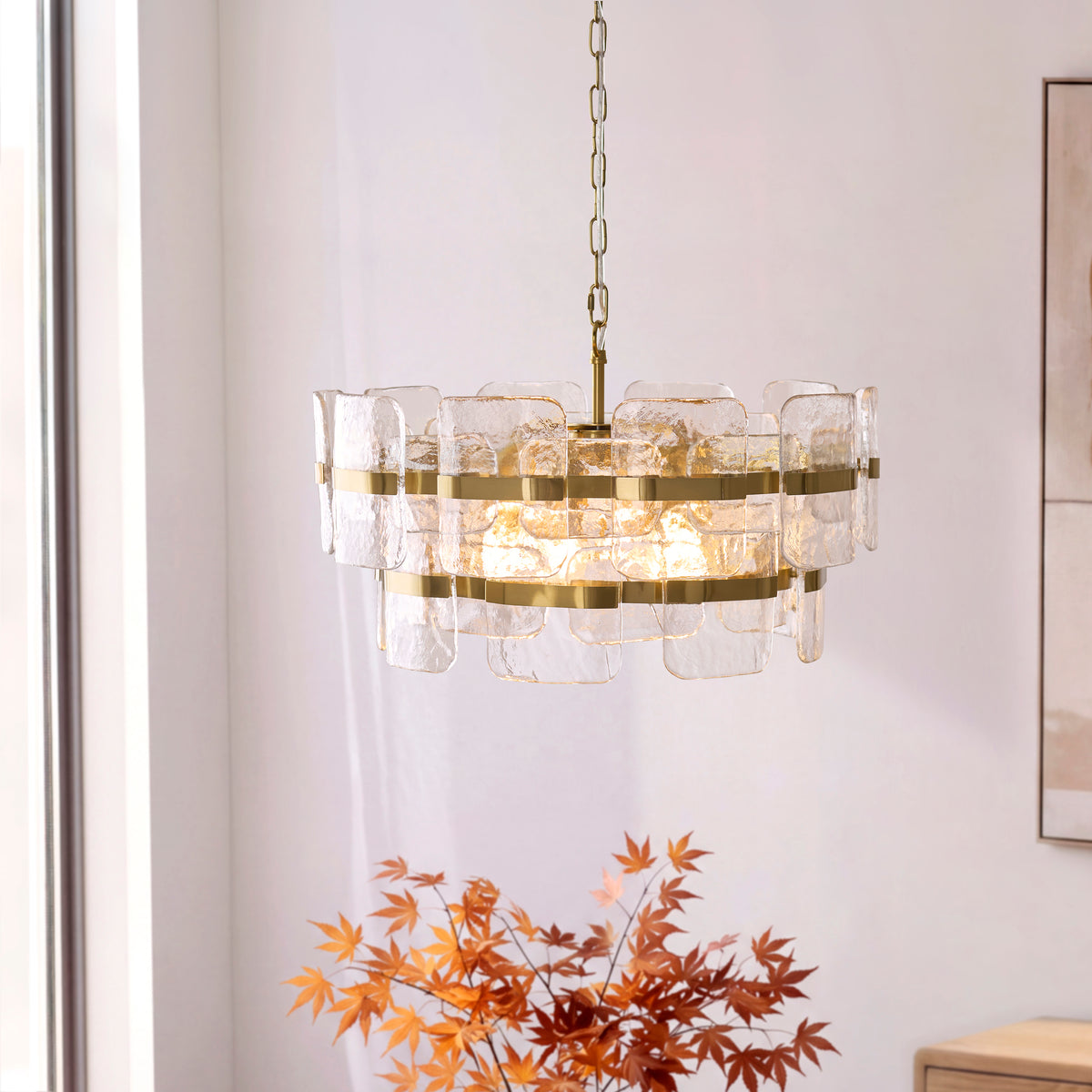 Endon Ancara 6lt Pendant Brushed aged brass plate & clear handmade textured glass