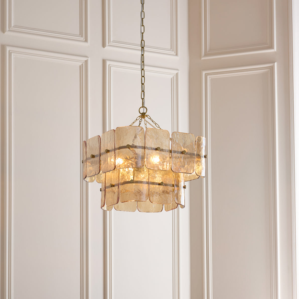 Endon Venice 4lt Pendant Brushed aged brass plate & champagne handmade textured glass