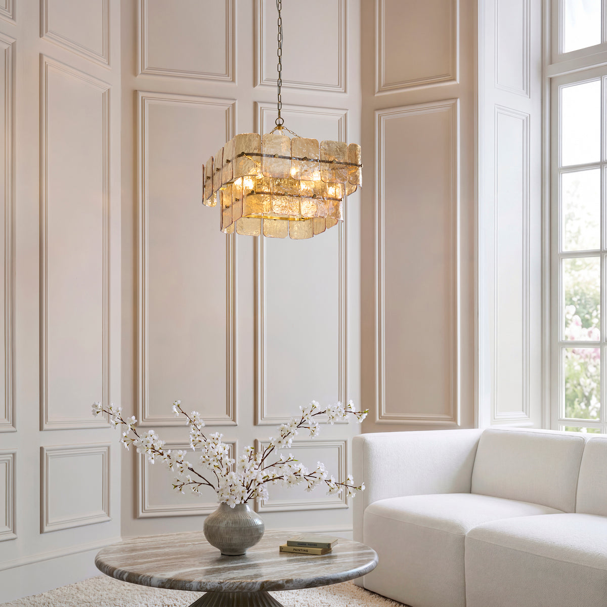 Endon Venice 6lt Pendant Brushed aged brass plate & champagne handmade textured glass