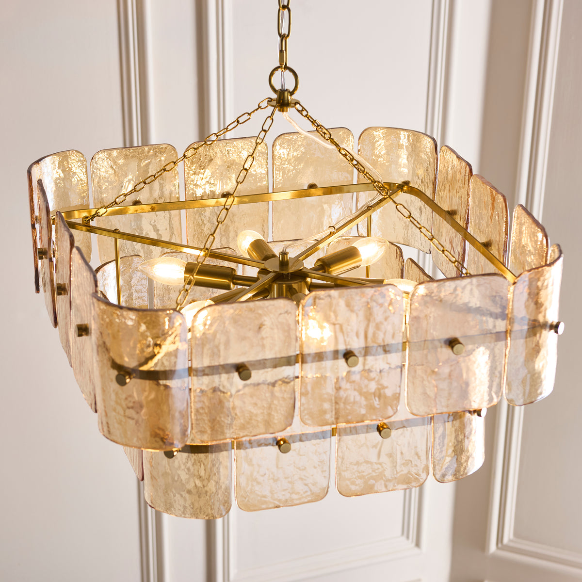 Endon Venice 6lt Pendant Brushed aged brass plate & champagne handmade textured glass