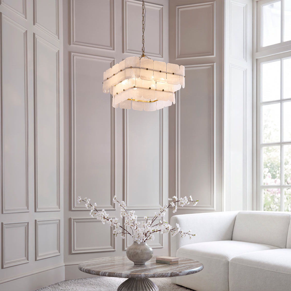 Endon Venice 6lt Pendant Brushed aged brass plate & white handmade textured glass