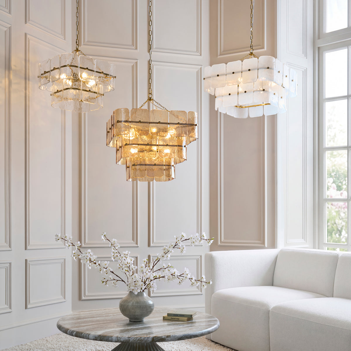 Endon Venice 6lt Pendant Brushed aged brass plate & white handmade textured glass