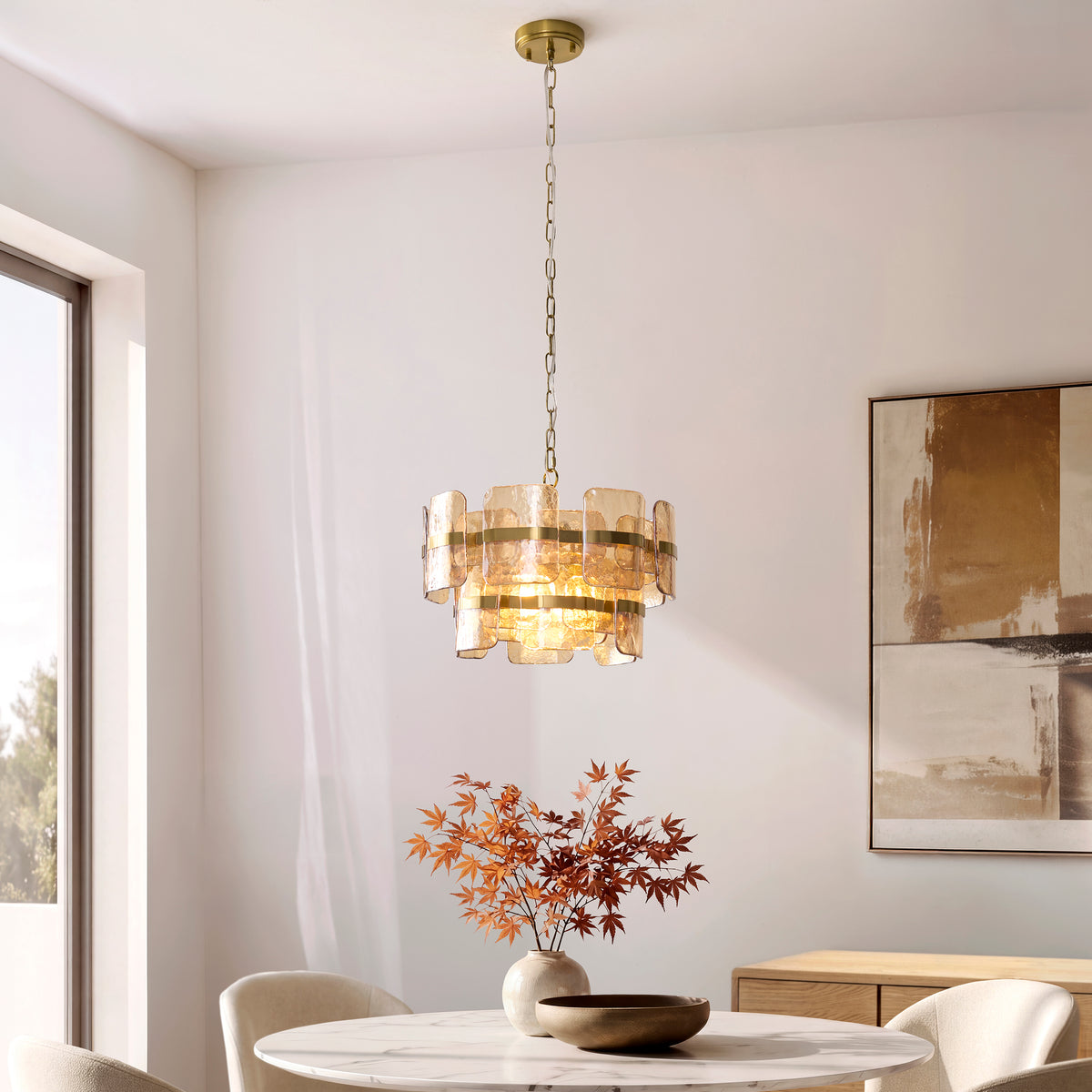 Endon Ancara 3lt Pendant Brushed aged brass plate & champagne handmade textured glass