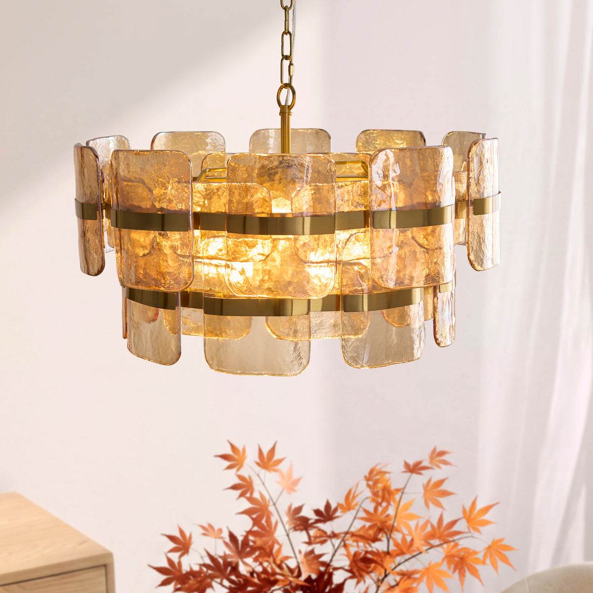 Endon Ancara 6lt Pendant Brushed aged brass plate & champagne handmade textured glass