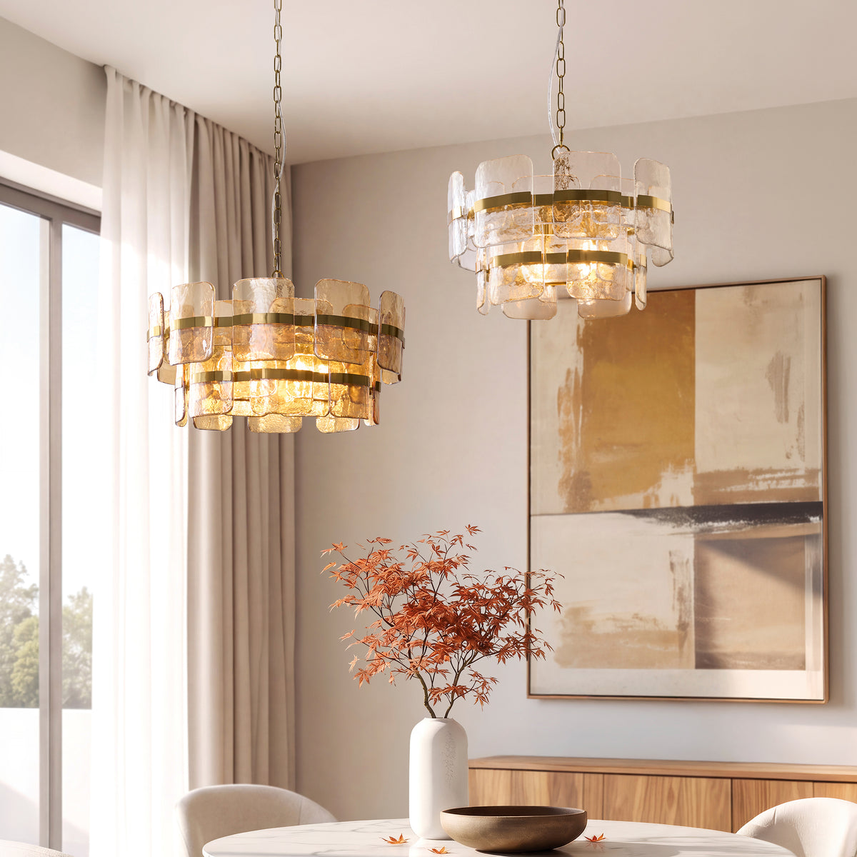 Endon Ancara 6lt Pendant Brushed aged brass plate & champagne handmade textured glass