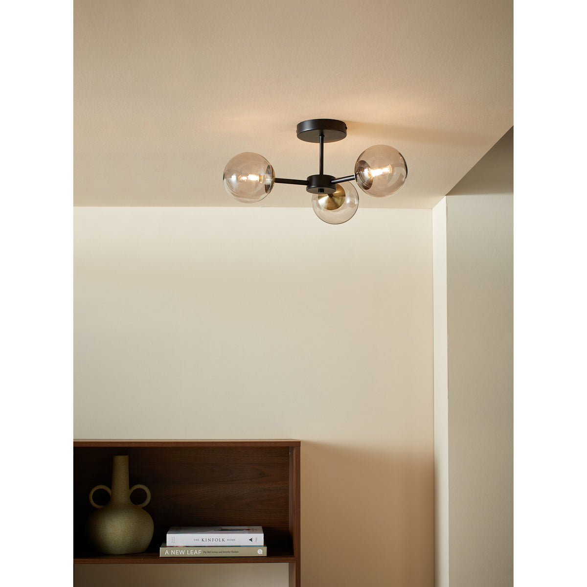 MADE.COM Black Antique Brass Globe 3 Light Flush Ceiling