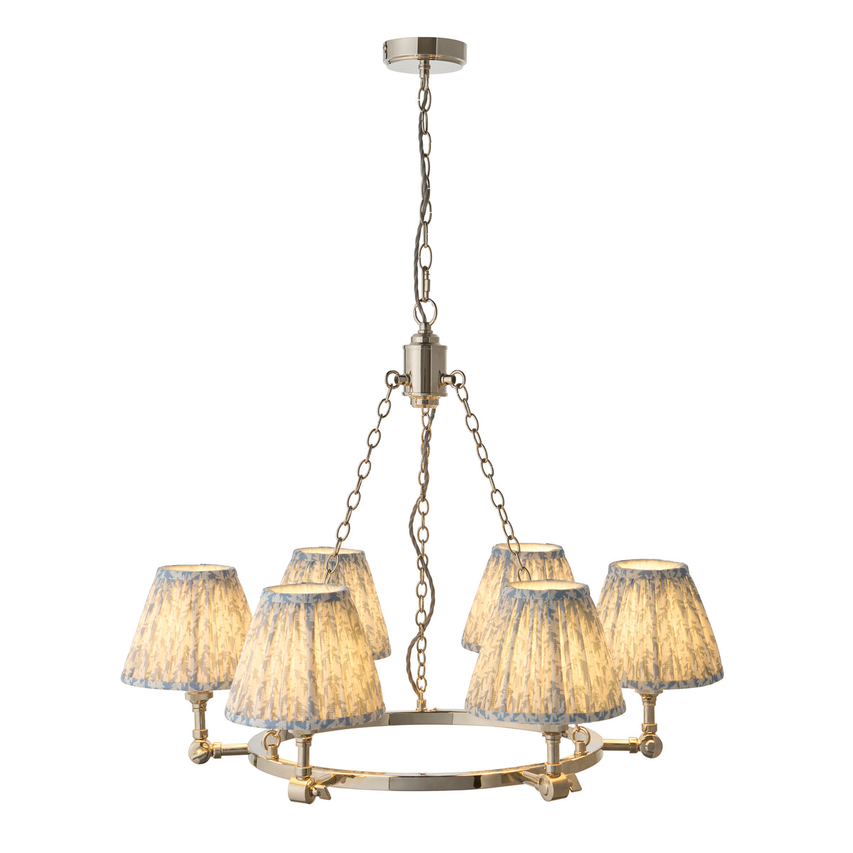 Endon Arabella & Leaf 6lt Pendant Bright nickel plate & shell bay blue fabric