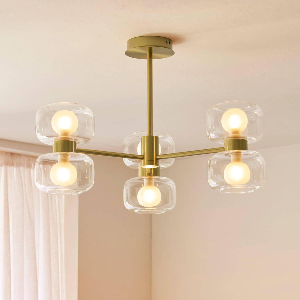 Endon Rossano 6lt Semi Flush Warm brass plate & clear/frosted glass