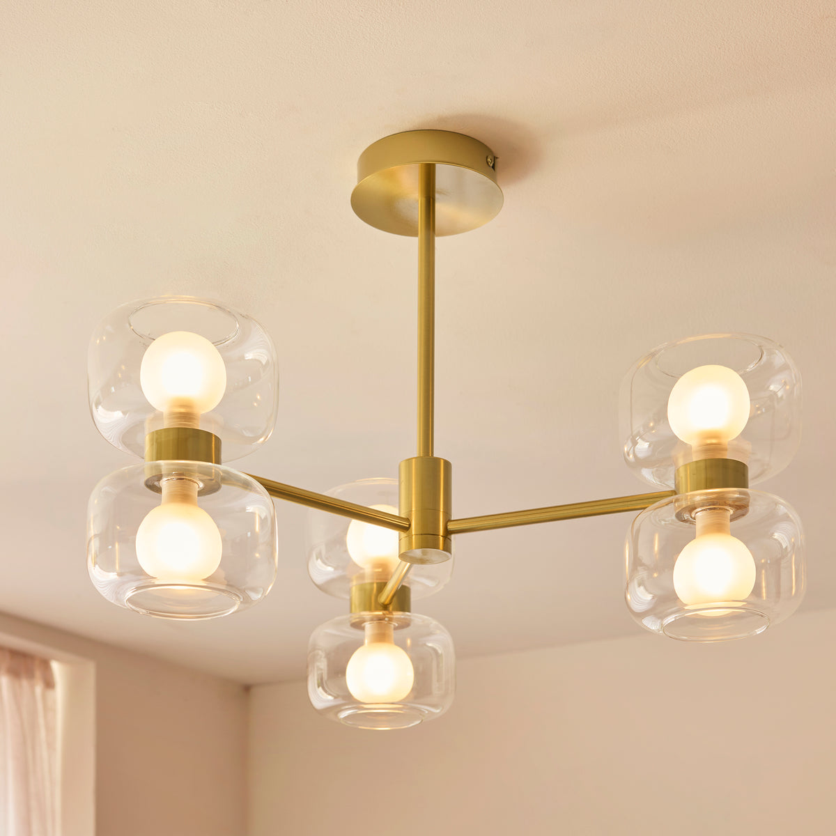 Endon Rossano 6lt Semi Flush Warm brass plate & clear/frosted glass