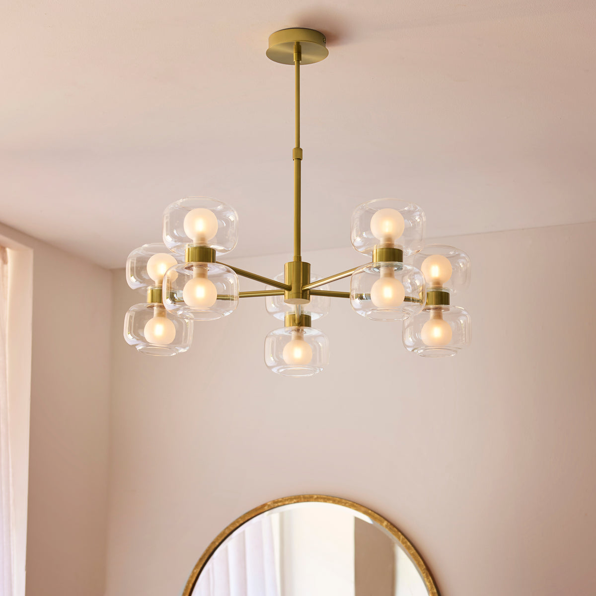 Endon Rossano 10Lt Pendant Warm brass plate & clear/frosted glass