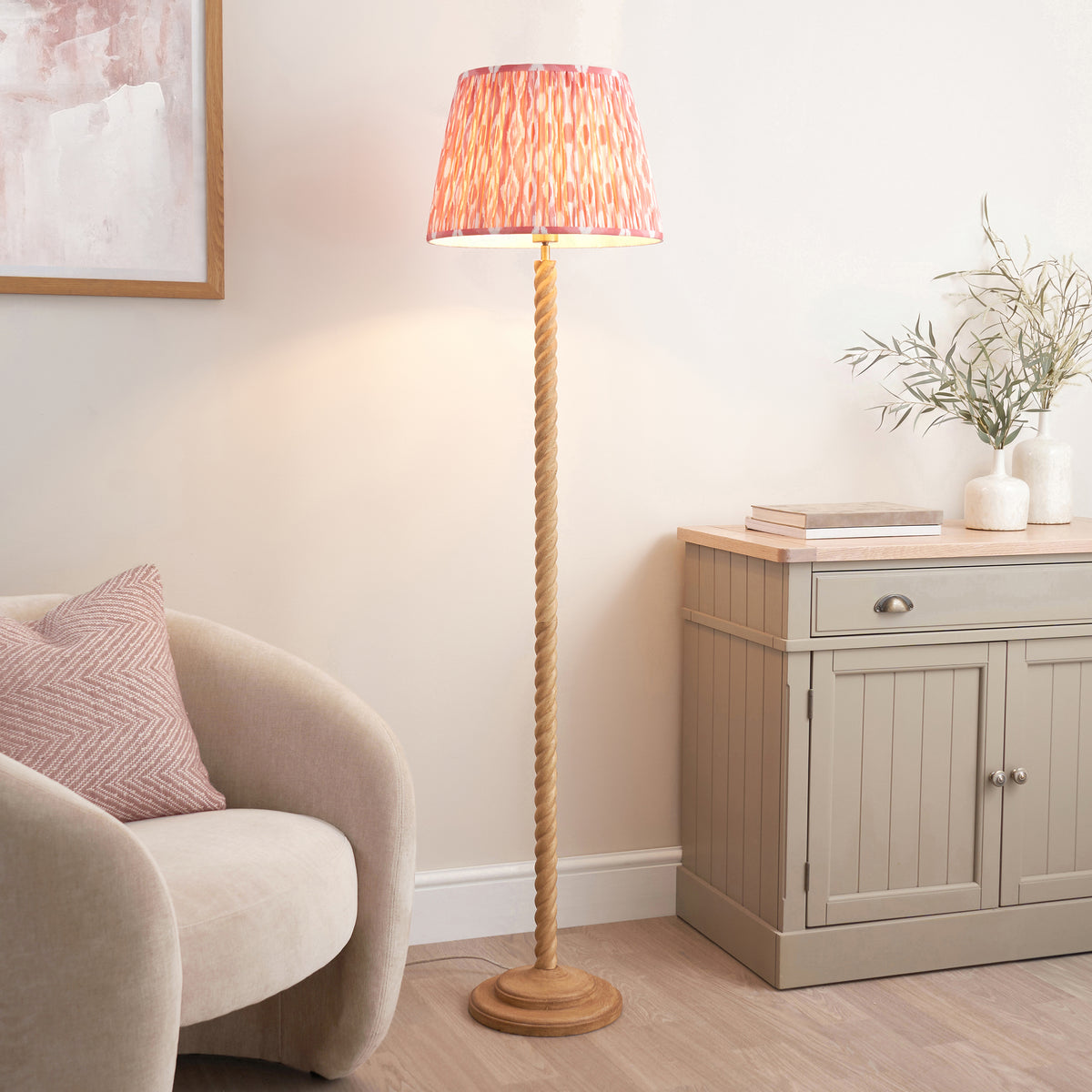 Endon Twist & Ikat 40cm Floor Oak effect resin & coral pink fabric