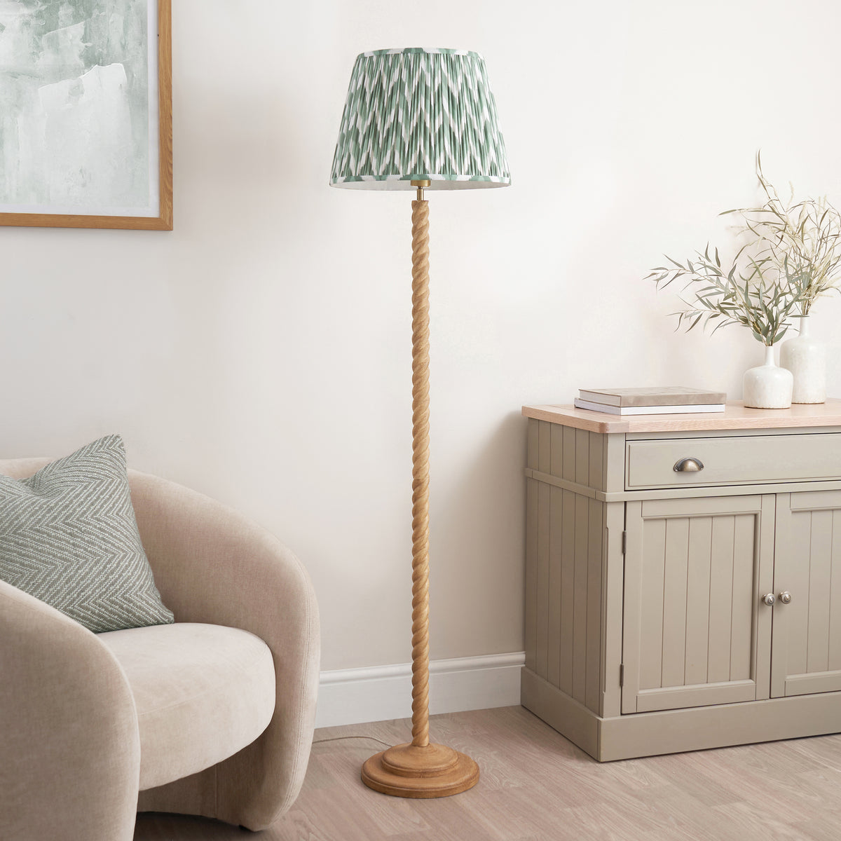 Endon Twist & ZigZag 40cm Floor Oak effect resin & cotswold green fabric