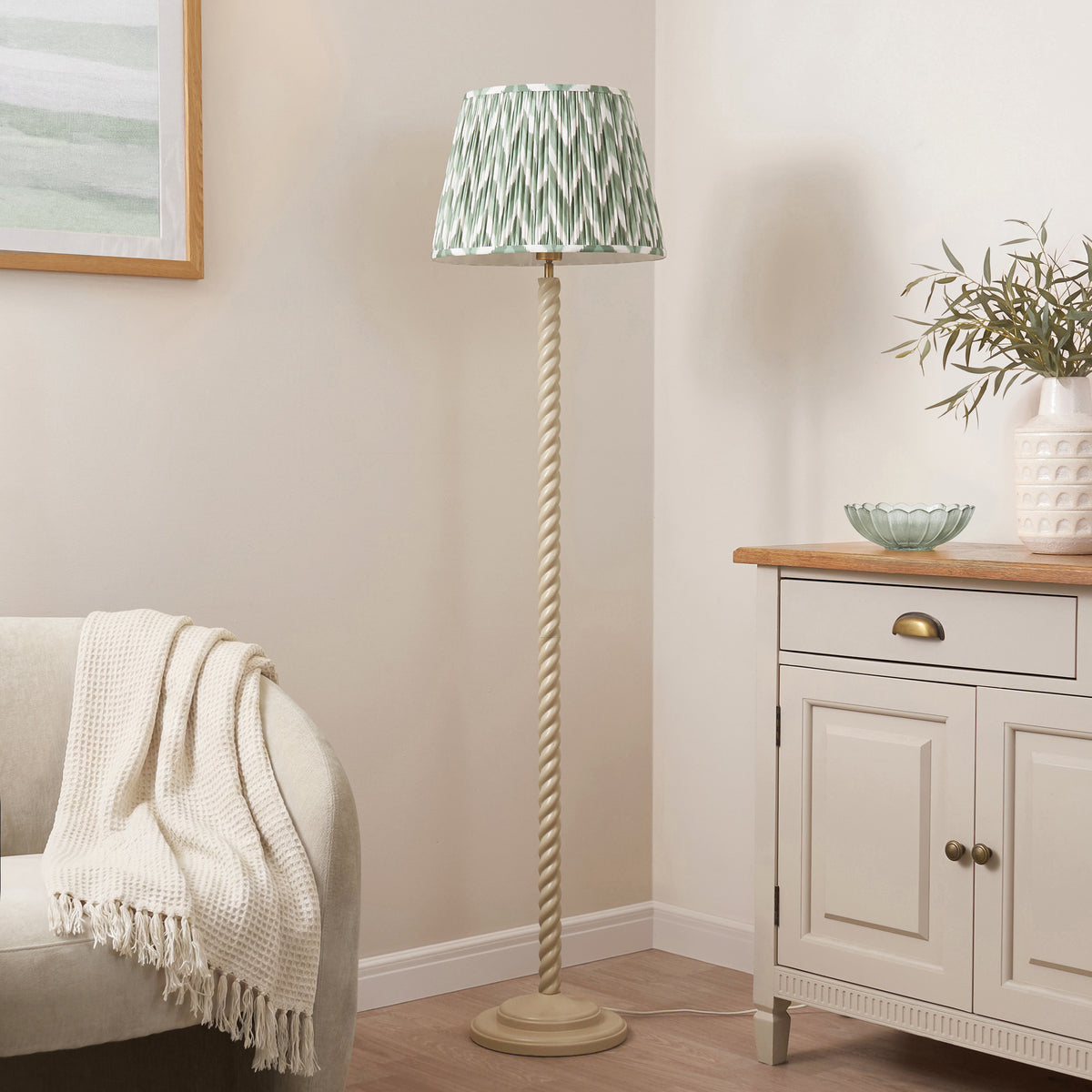 Endon Twist & ZigZag 40cm Floor Satin almond white paint & cotswold green fabric