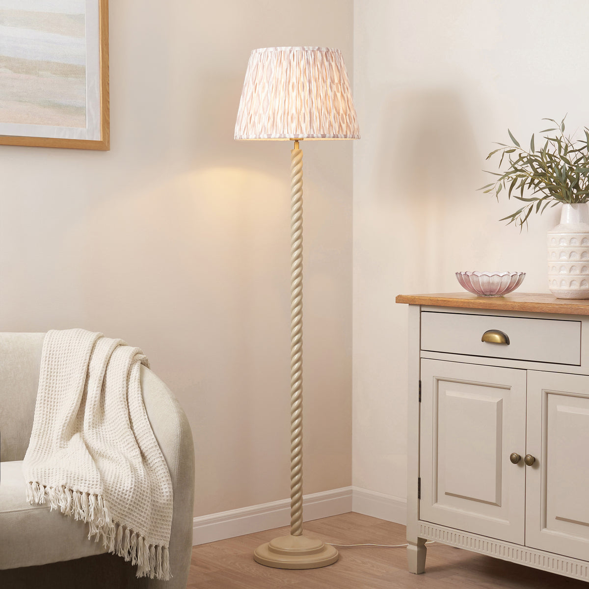 Endon Twist & Ikat 40cm Floor Satin almond white paint & neutral print fabric