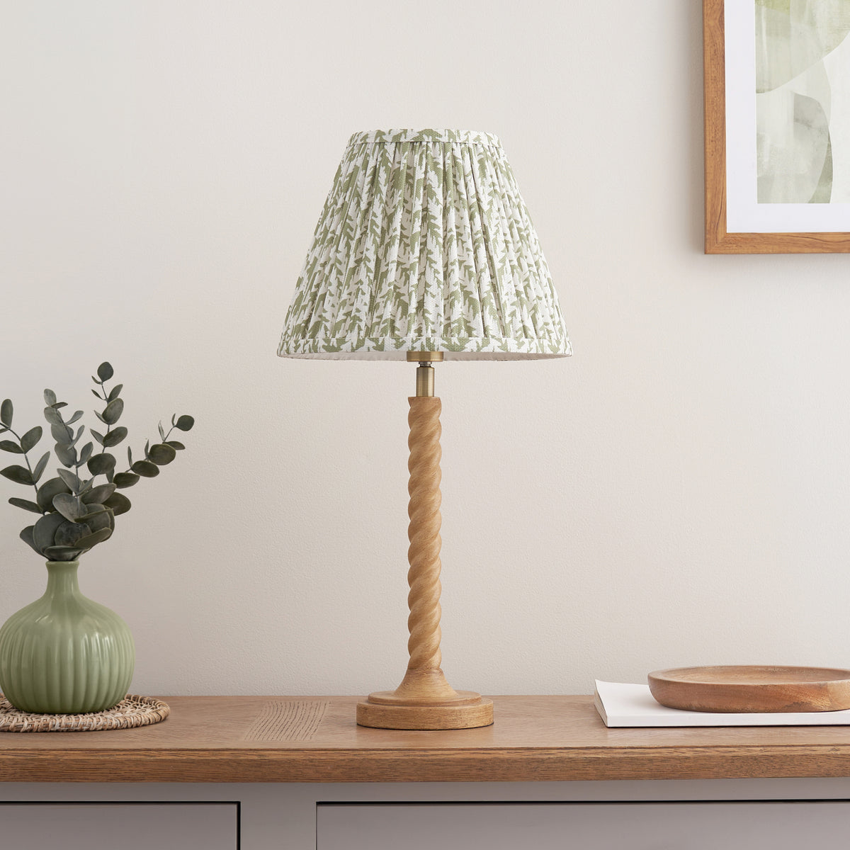 Endon Twist & Leaf 25cm Table Oak effect resin & herb garden green fabric
