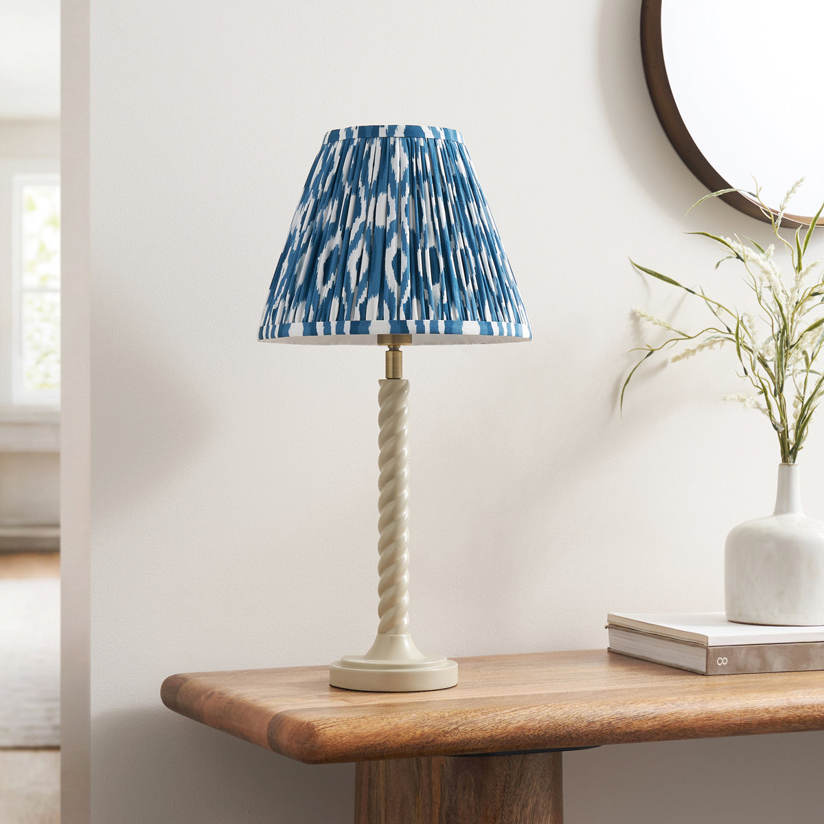 Endon Twist & Ikat 25cm Table Satin almond white paint & marlin blue fabric