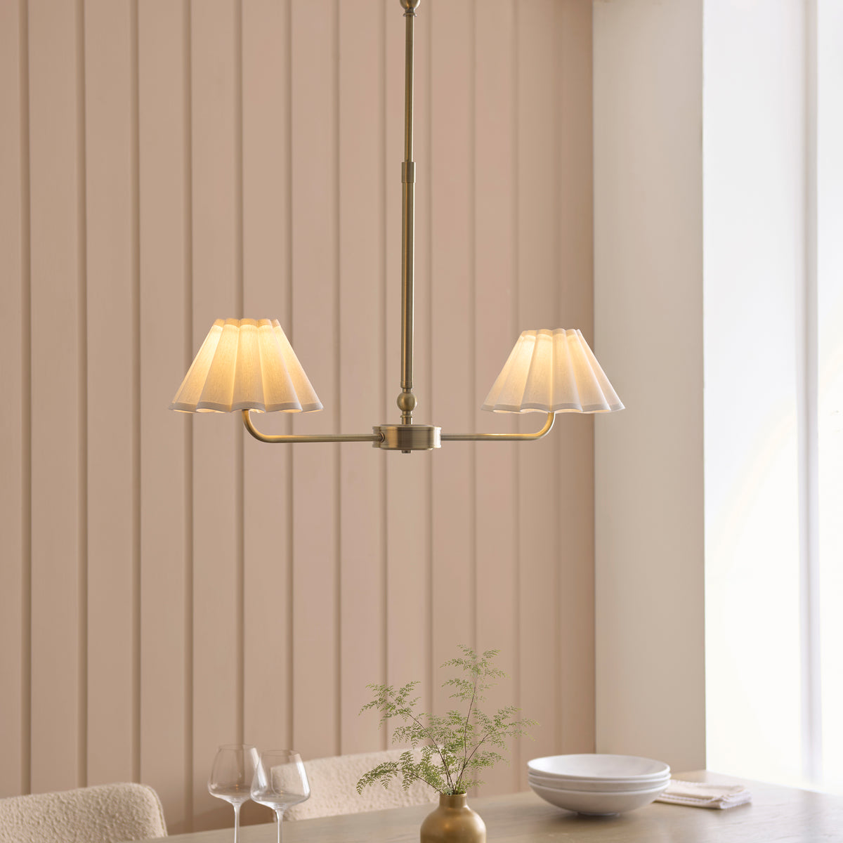Endon Sylvie 2lt Linear Pendant Antique brass plate & vintage white cotton
