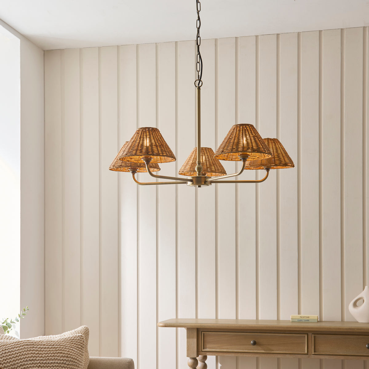 Endon Jericho 5lt Pendant Antique brass plate & dark rattan