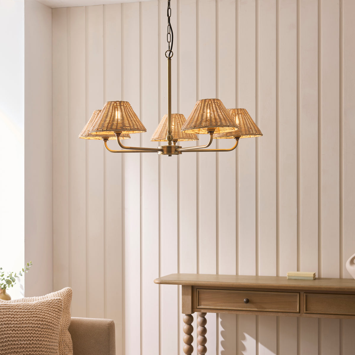 Endon Jericho 5lt Pendant Antique brass plate & natural rattan