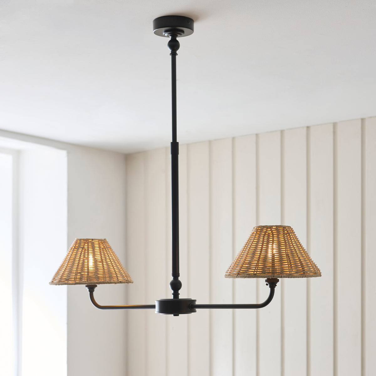 Endon Jericho 2lt Linear Pendant Matt black & natural rattan