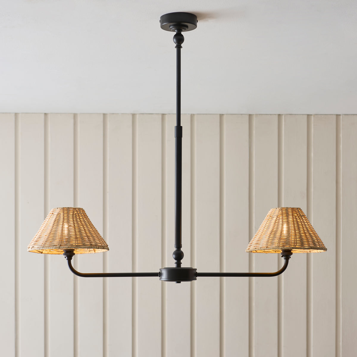 Endon Jericho 2lt Linear Pendant Matt black & natural rattan