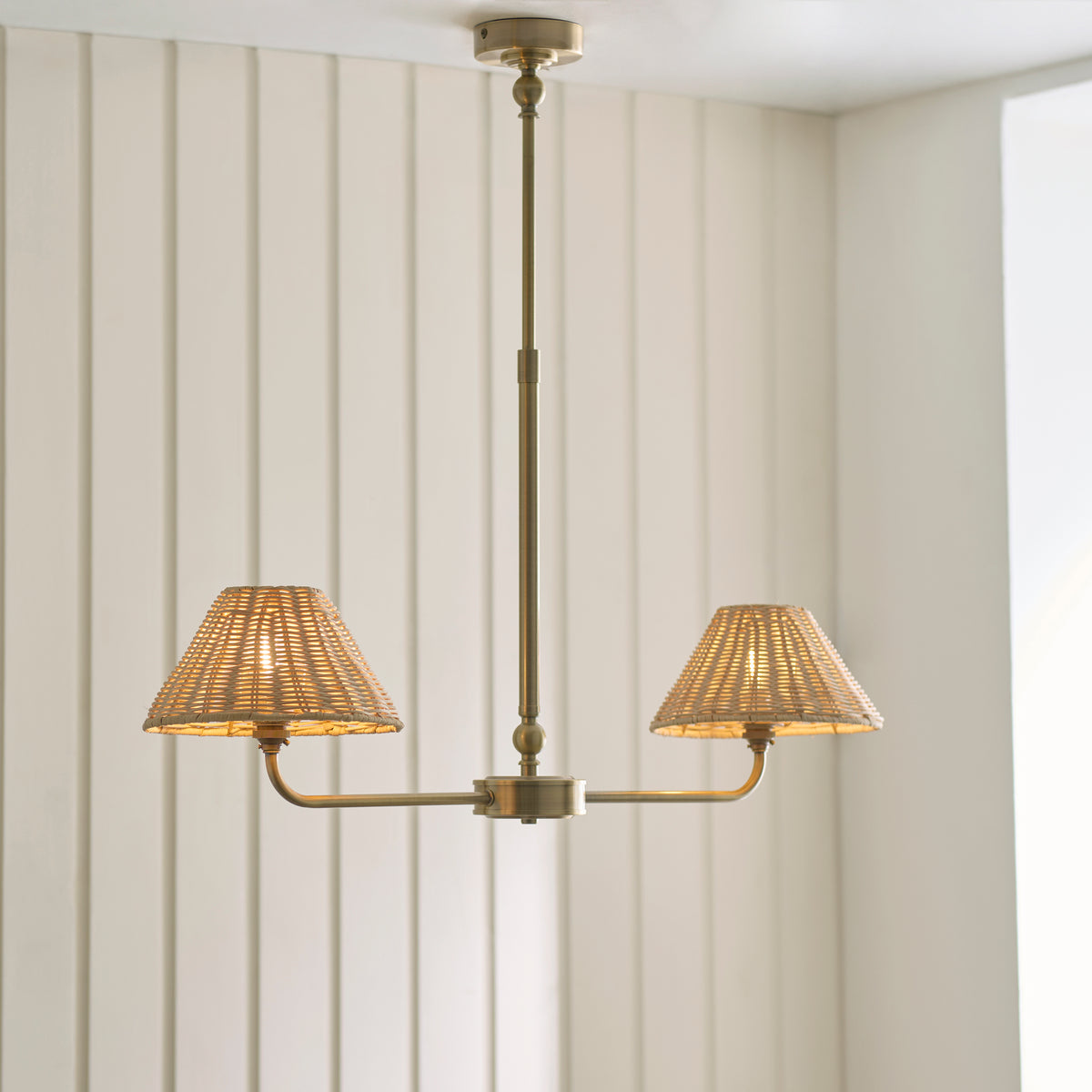 Endon Jericho 2lt Linear Pendant Antique brass plate & natural rattan