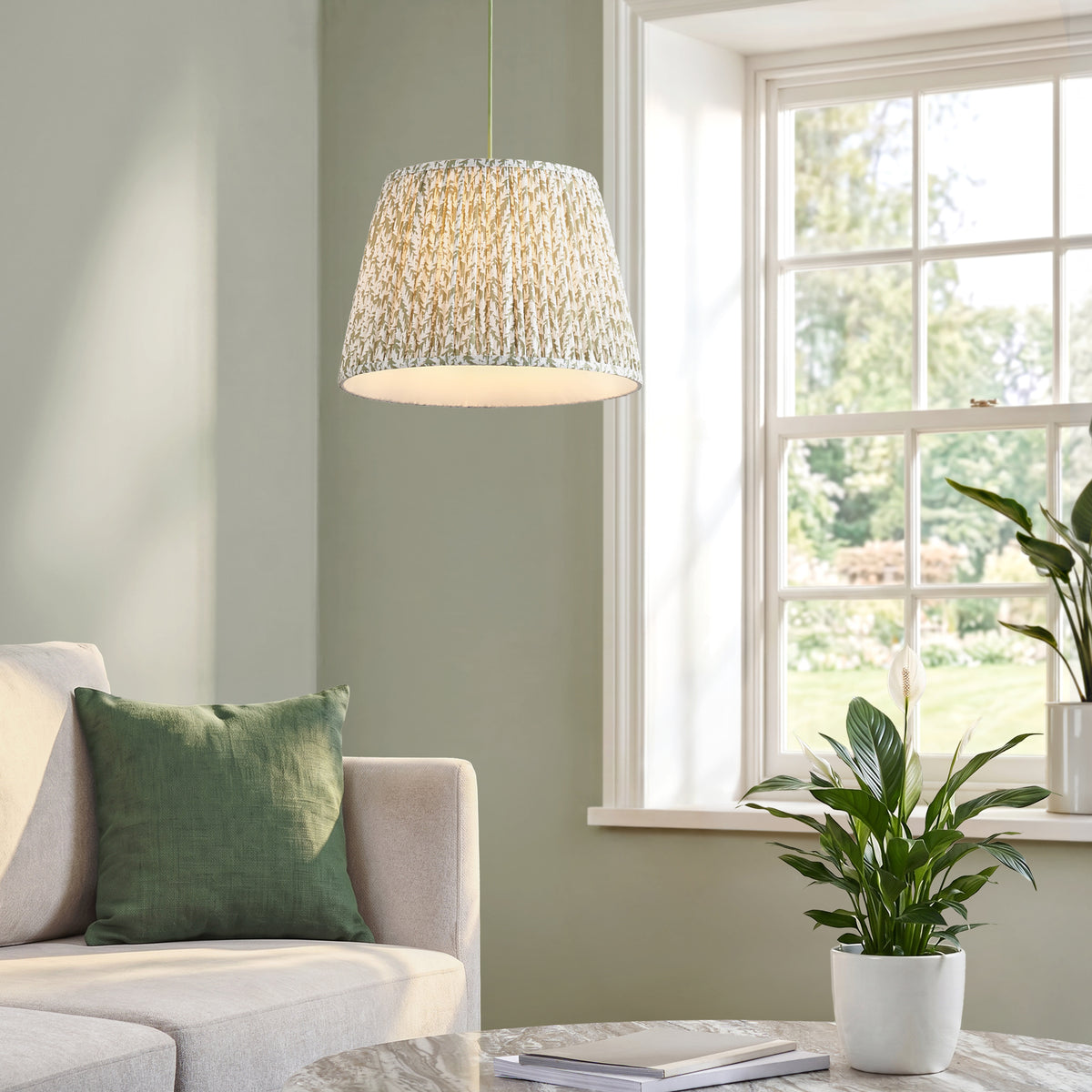 Endon Eltham & Leaf 40cm Pendant Brushed aged brass plate & herb garden green fabric
