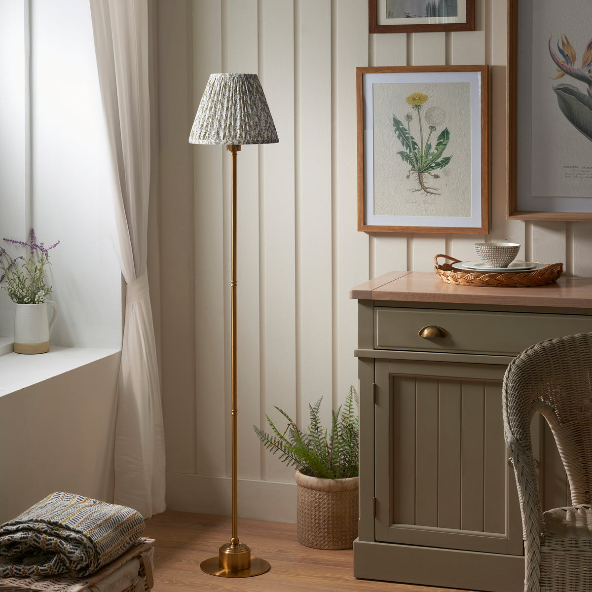 Endon Burley Rechargeable & Leaf 25cm Floor Brushed aged brass plate & herb garden green fabric