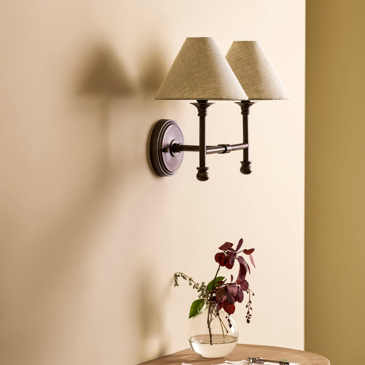Garden Trading Kelmscot Double Wall Light with Linen Shades Antique Bronze