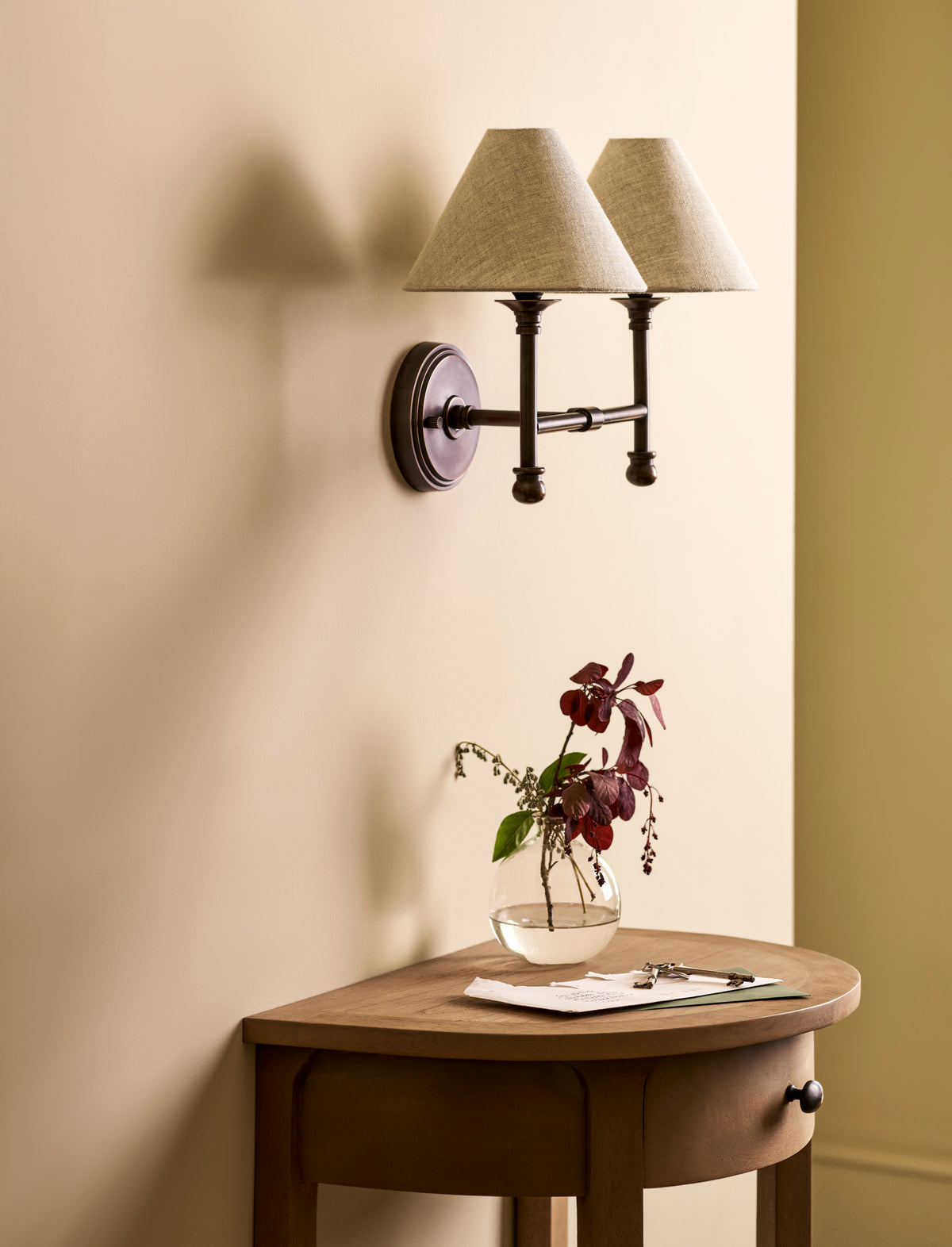Garden Trading Kelmscot Double Wall Light with Linen Shades Antique Bronze