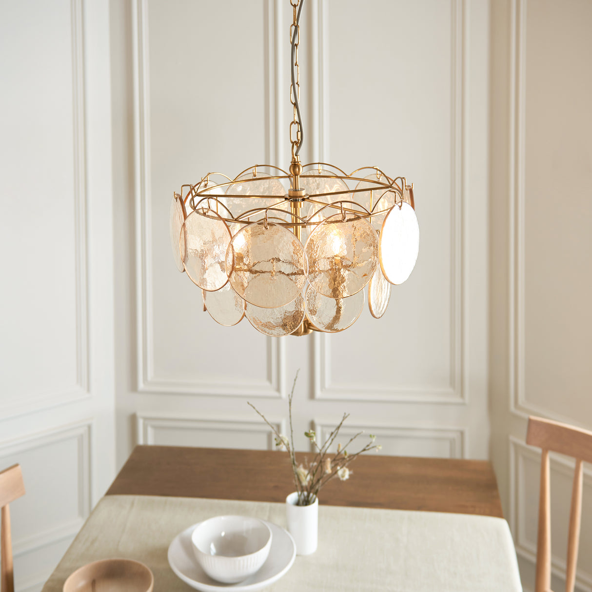 Amos Loire Brushed Aged Brass & Handmade Champagne Glass 3 Light Chandelier