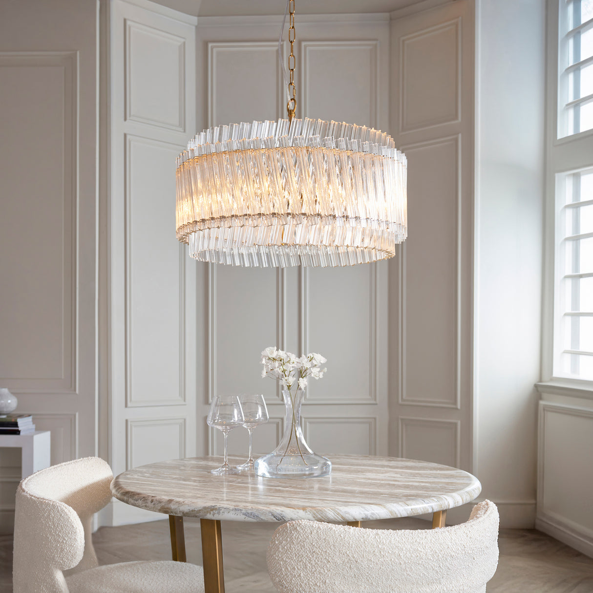 Amos Aquitaine Brushed Aged Brass & Clear Glass 5 Light Chandelier