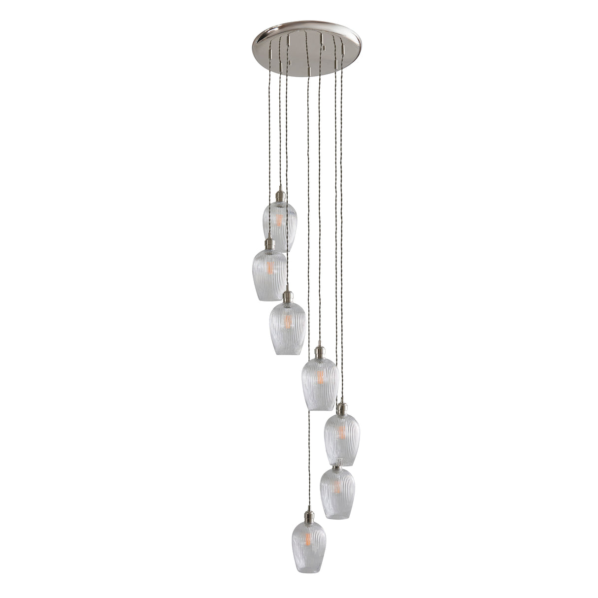 Amos Lucid Bright Nickel & Clear Ribbed Glass 7 Light Cascade