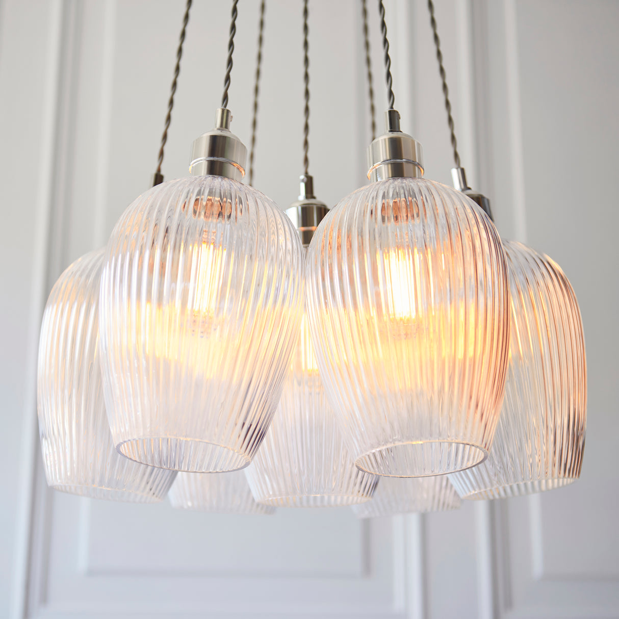 Amos Lucid Bright Nickel & Clear Ribbed Glass 7 Light Cluster