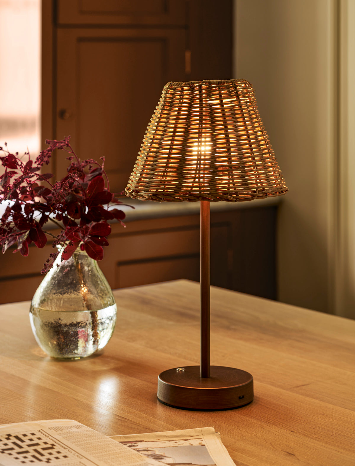 Garden Trading Burleigh Rechargeable USB Table Lamp With Rattan Shade
