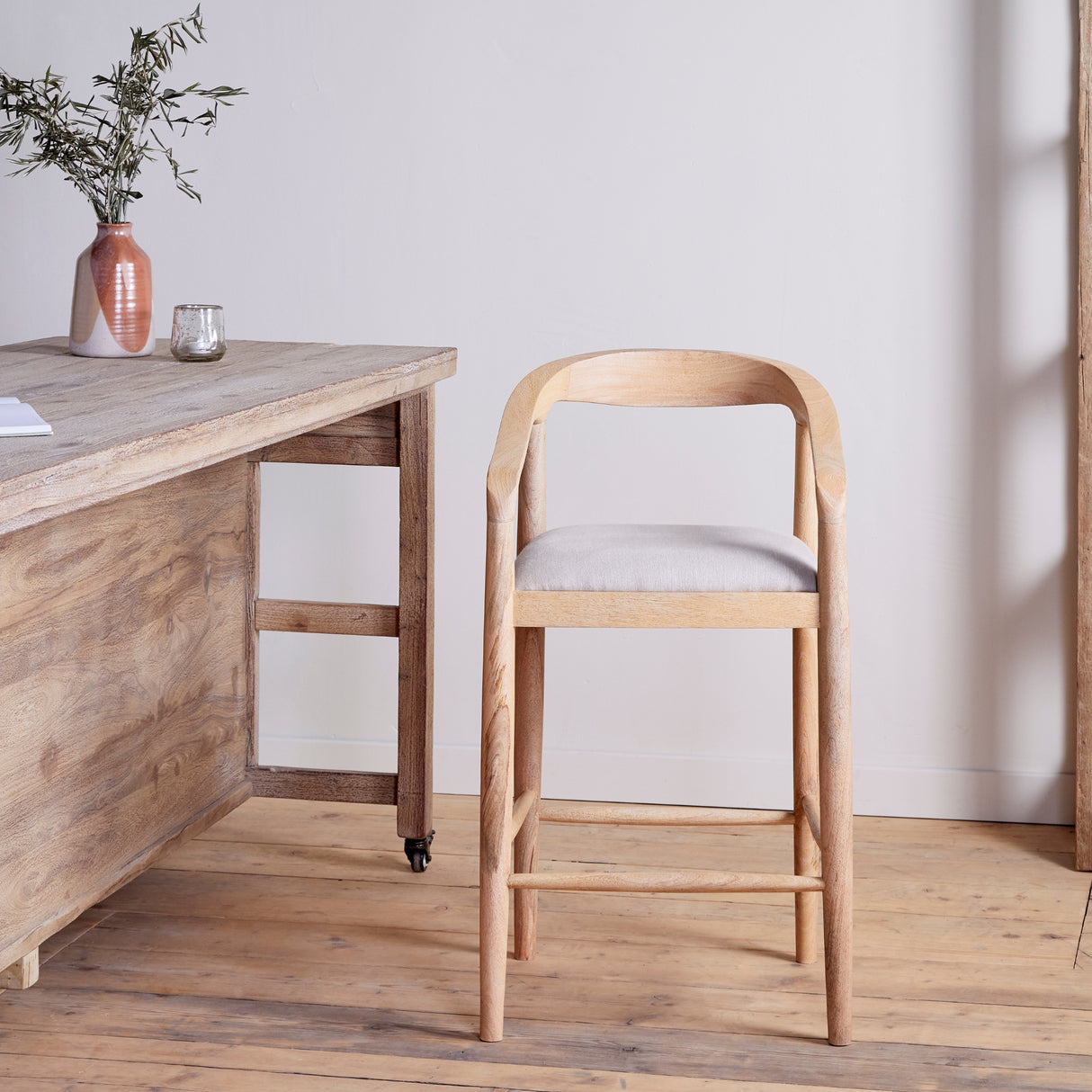 Nkuku Anbu Mango Wood Upholstered Counter Chair Natural